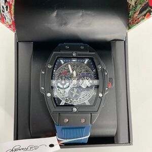 Ed Hardy Mens Automatic Skeleton Watch Black Blue Silicone Strap Stainless Steel